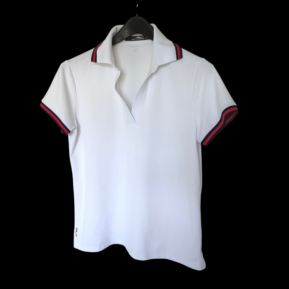 RLX Ralph Lauren Womens White Tailored Fit V-Neck Golf Polo Shirt Size Large